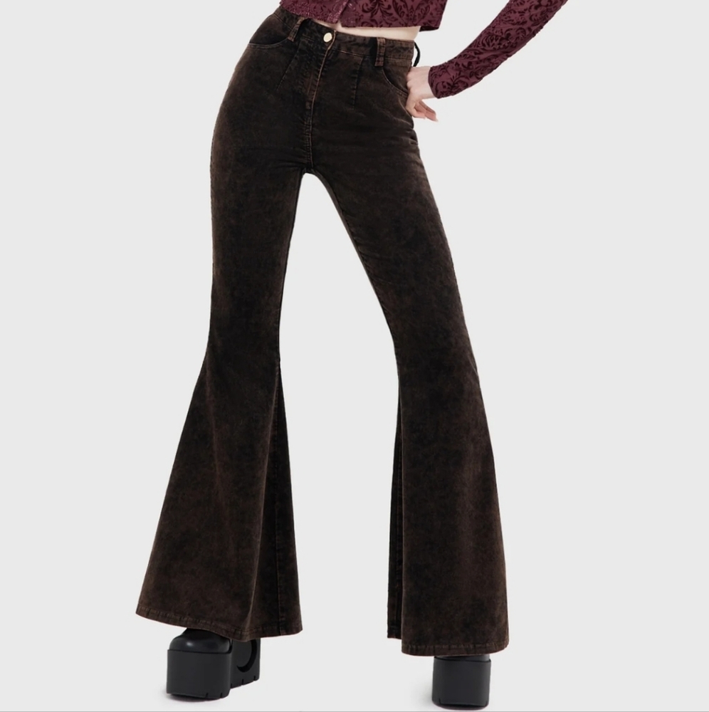 Killstar Dark Brown High-Waist Flared Velvet/Courdoruy Bootcut Pants